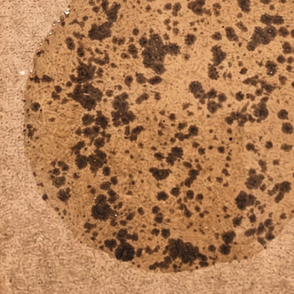 Barrier failure — oil penetrating the sheet as dark mottled spots