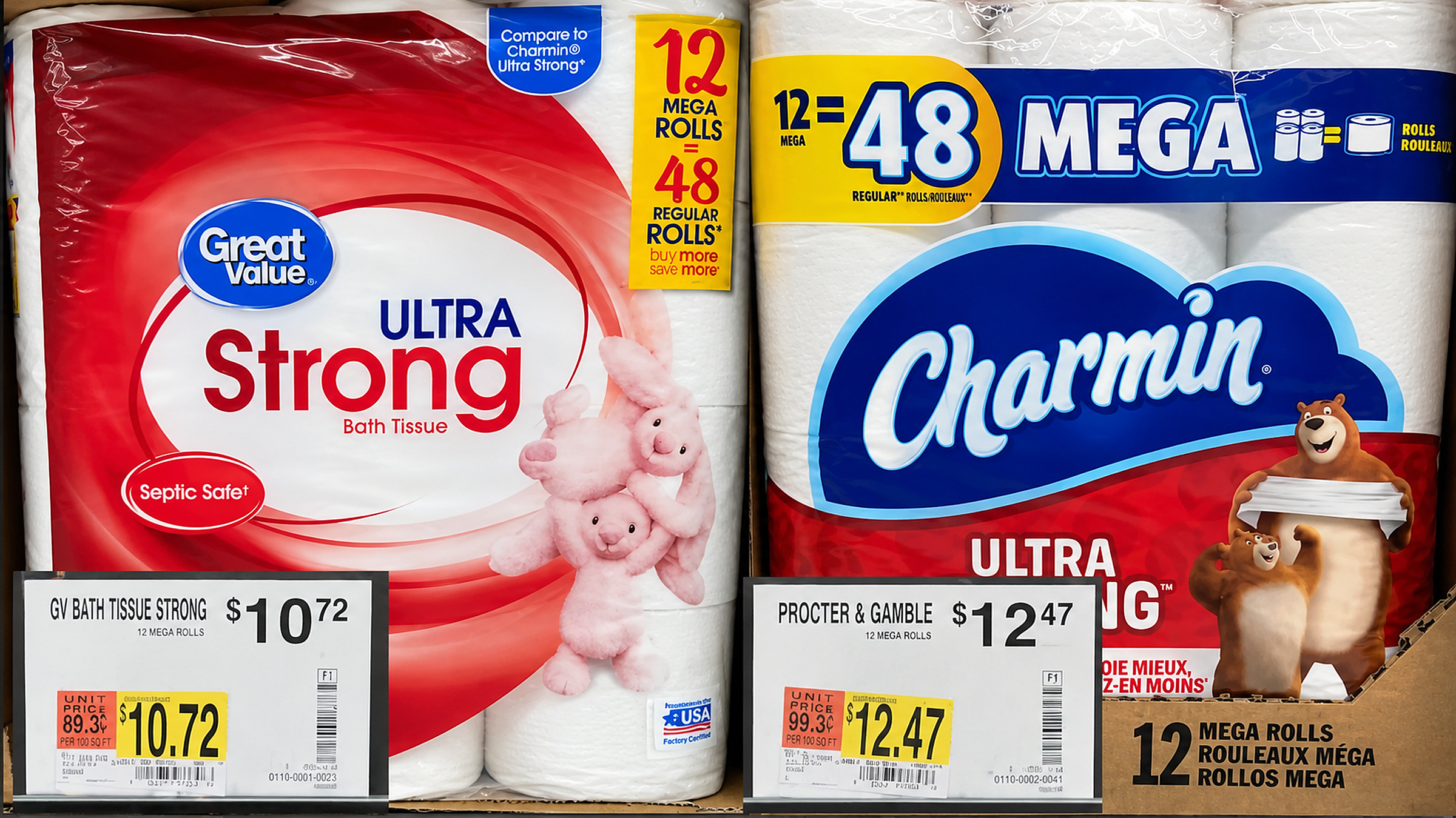 Two shelf packs of 12 mega rolls side by side: a private-label pack and a national-brand pack, with shelf price labels