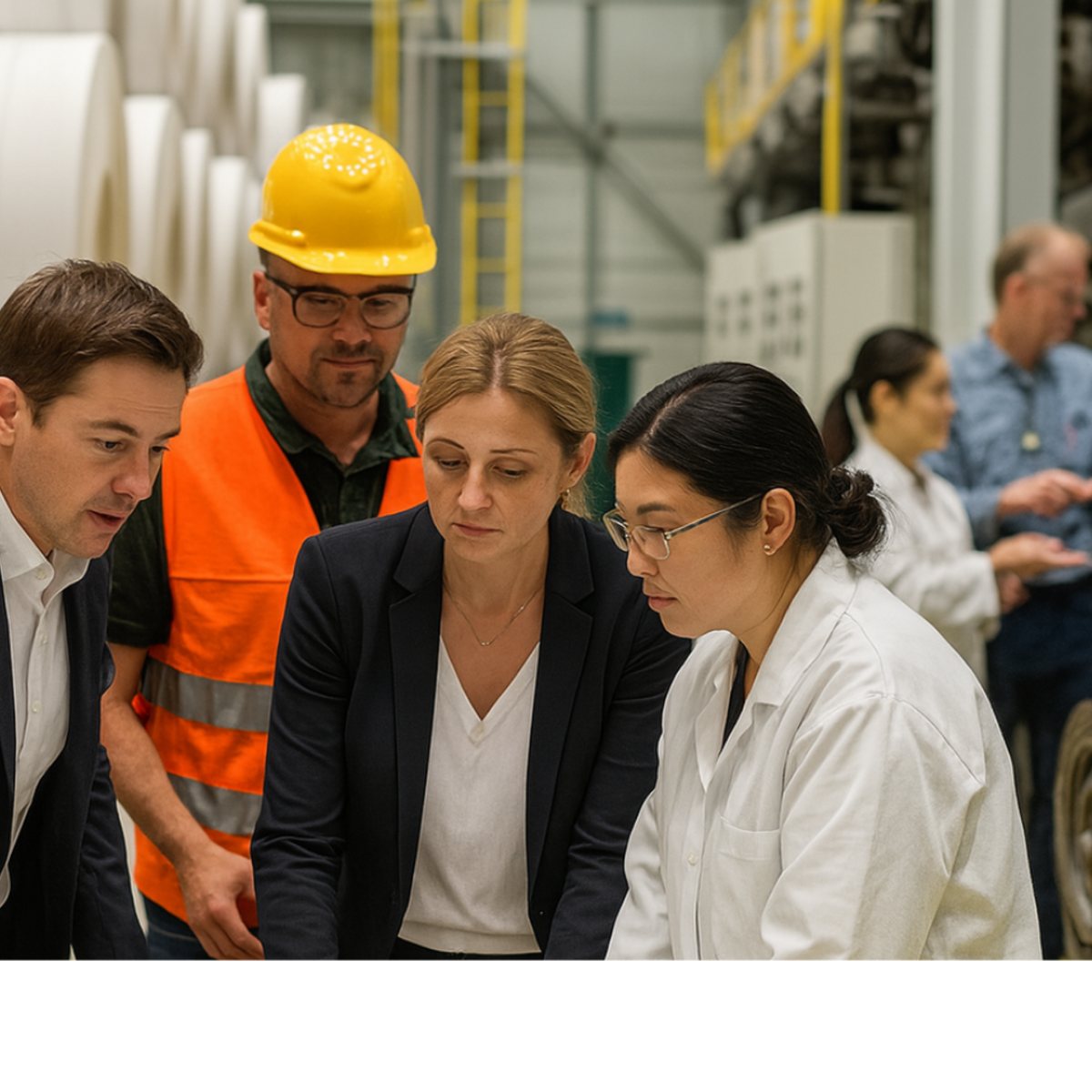 Team reviewing results on the mill floor